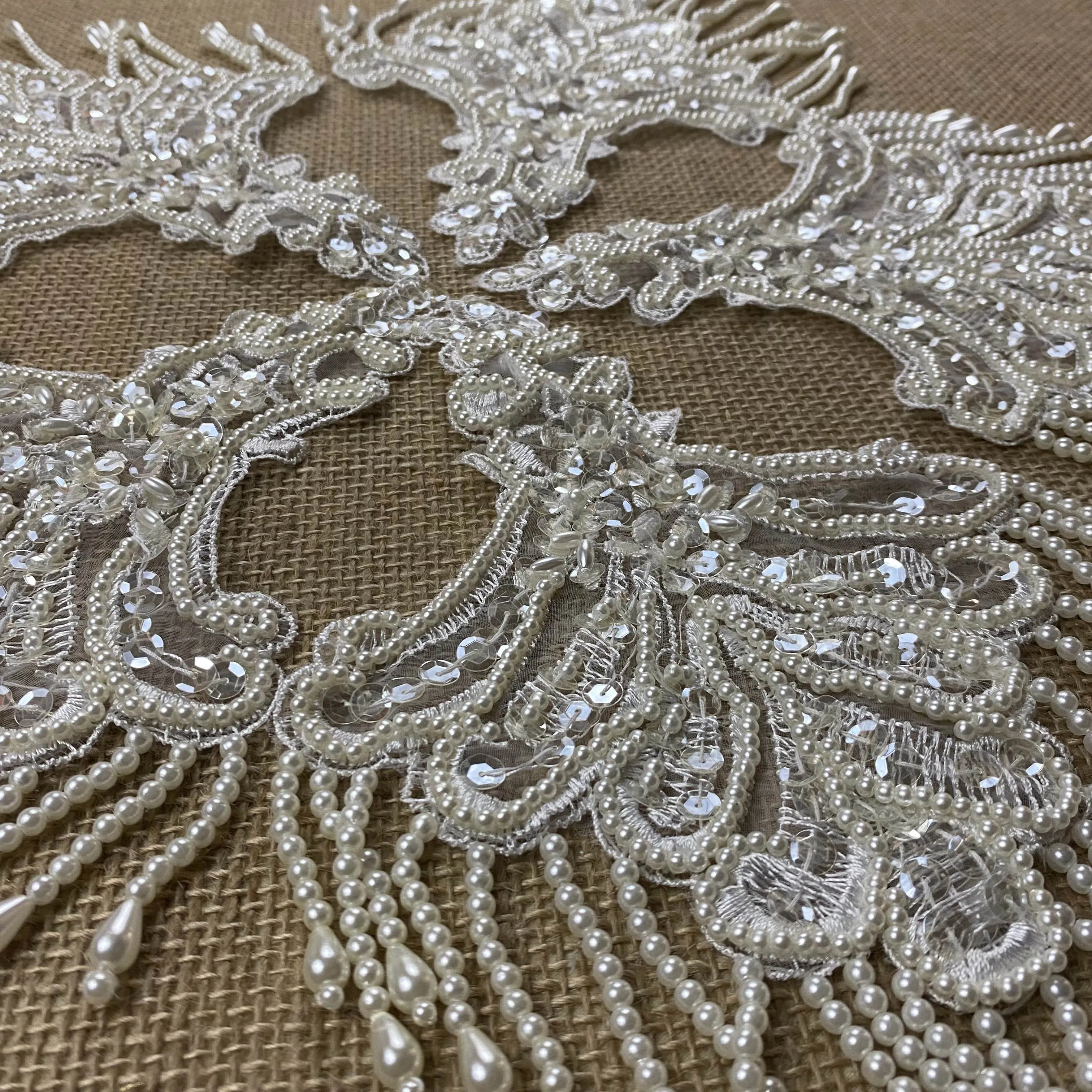 Beaded Applique Piece Lace Hanging Beads Strings Fringe Dangling Quality Rich, 8"x6", Choose Color, Multi-Use Garments Dance Theater Costumes