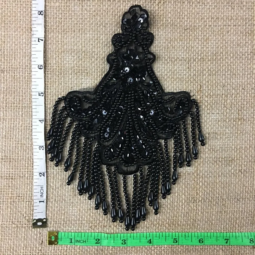 Beaded Applique Piece Lace Hanging Beads Strings Fringe Dangling Quality Rich, 8"x6", Choose Color, Multi-Use Garments Dance Theater Costumes