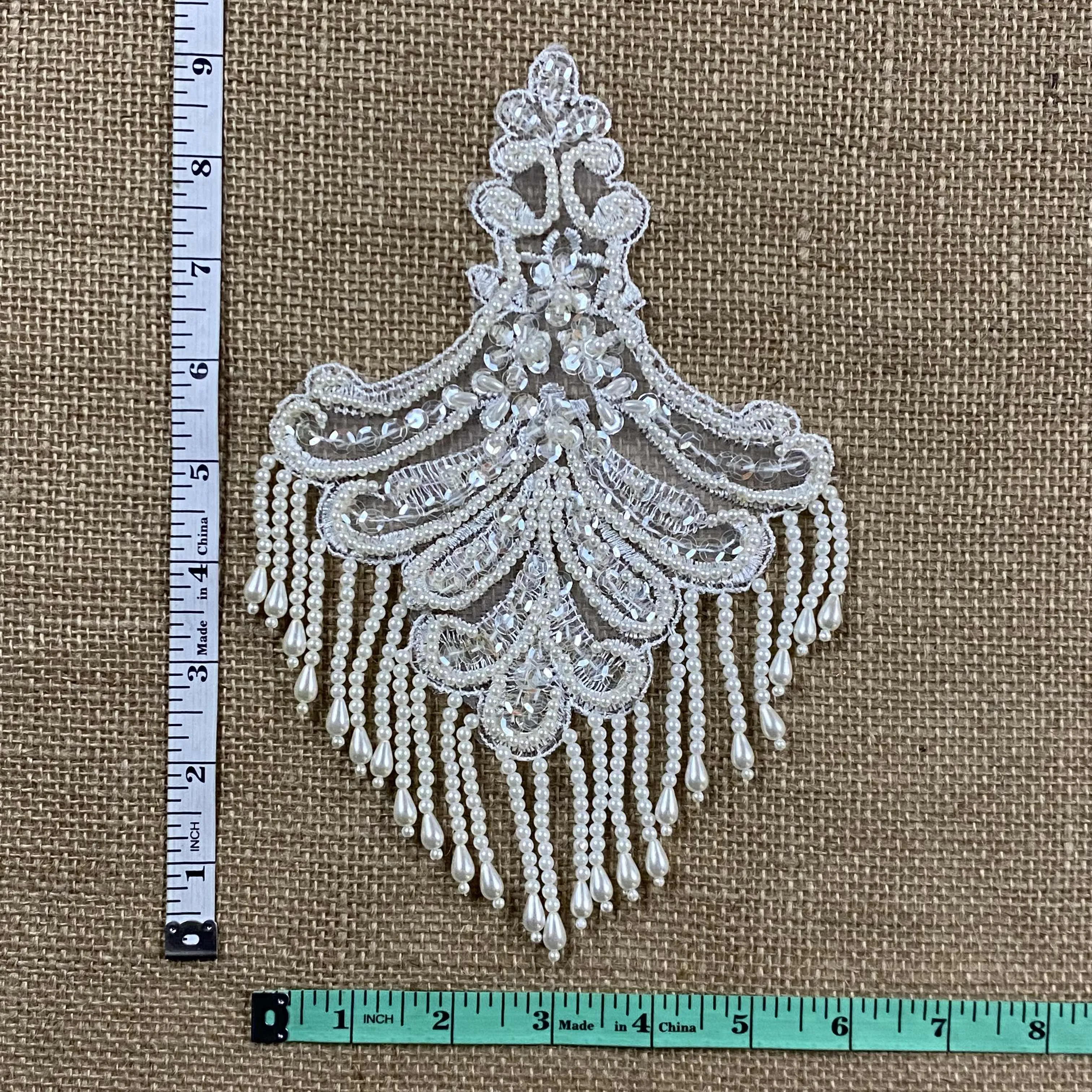 Beaded Applique Piece Lace Hanging Beads Strings Fringe Dangling Quality Rich, 8"x6", Choose Color, Multi-Use Garments Dance Theater Costumes