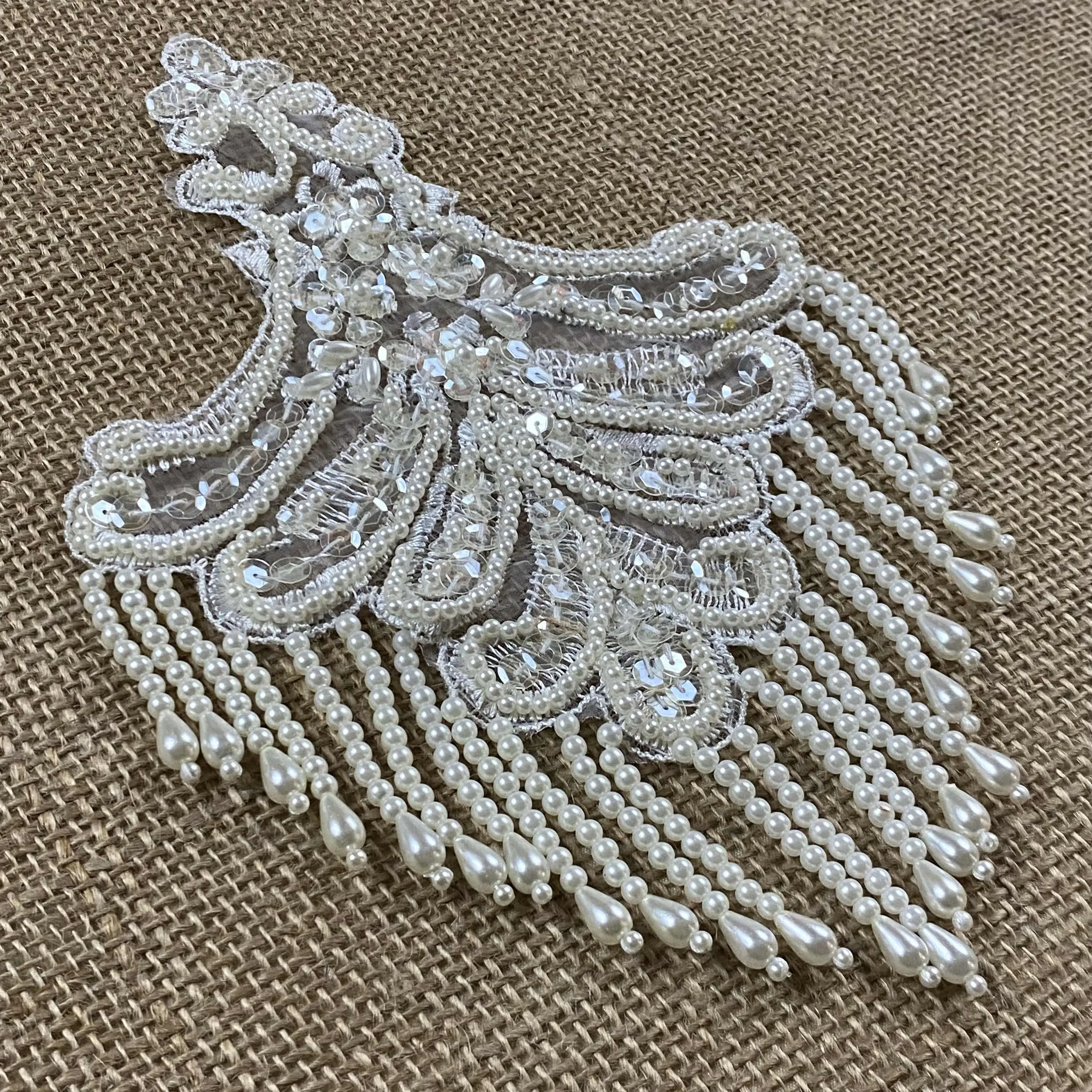 Beaded Applique Piece Lace Hanging Beads Strings Fringe Dangling Quality Rich, 8"x6", Choose Color, Multi-Use Garments Dance Theater Costumes