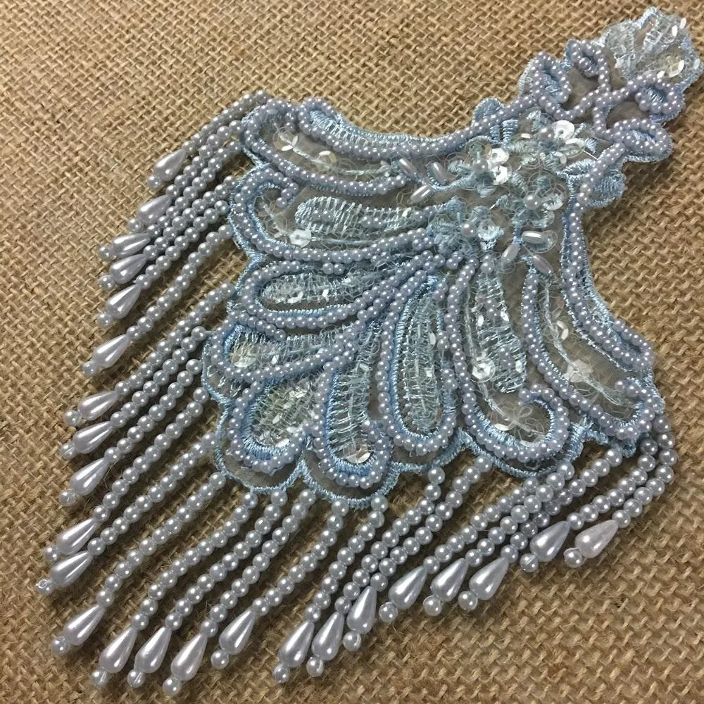 Beaded Applique Piece Lace Hanging Beads Strings Fringe Dangling Quality Rich, 8"x6", Choose Color, Multi-Use Garments Dance Theater Costumes