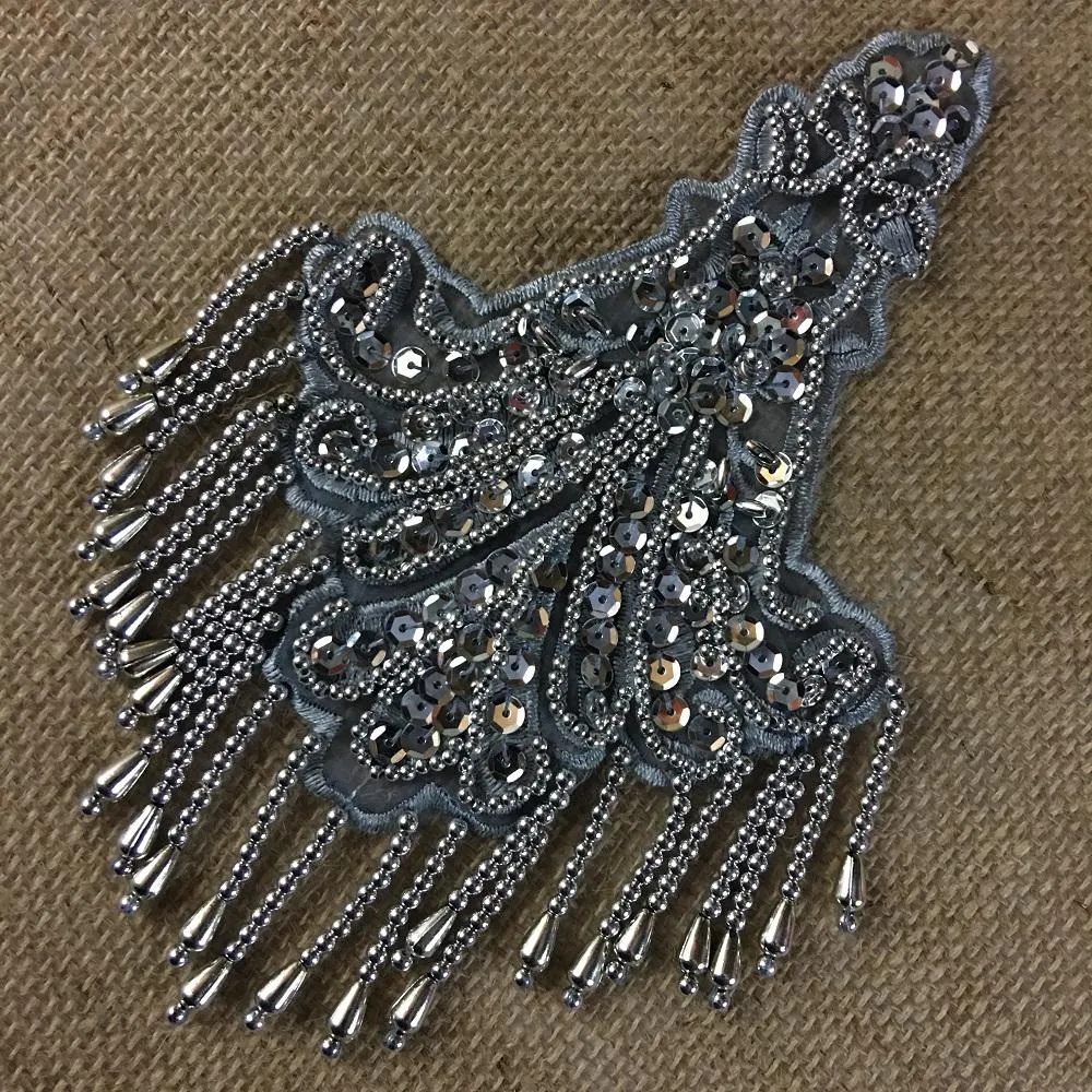 Beaded Applique Piece Lace Hanging Beads Strings Fringe Dangling Quality Rich, 8"x6", Choose Color, Multi-Use Garments Dance Theater Costumes