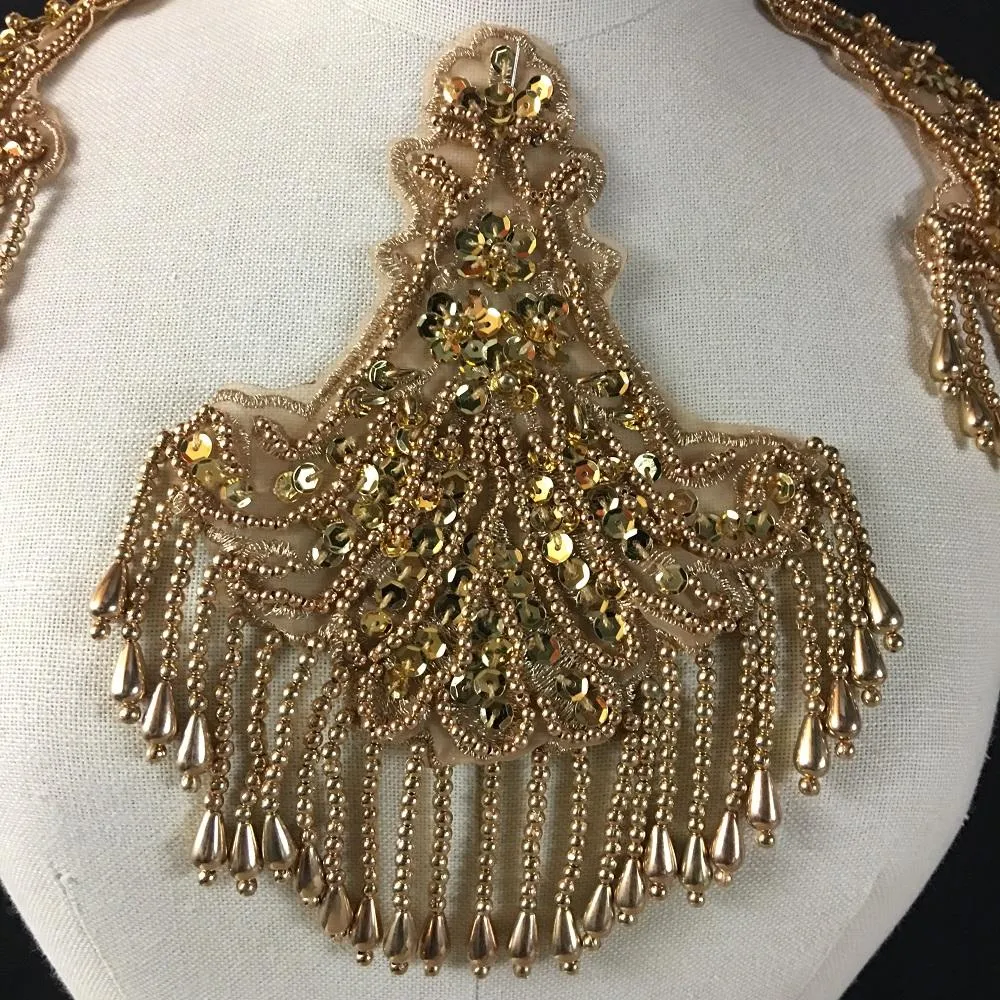 Beaded Applique Piece Lace Hanging Beads Strings Fringe Dangling Quality Rich, 8"x6", Choose Color, Multi-Use Garments Dance Theater Costumes