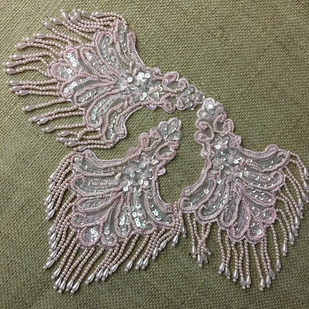 Beaded Applique Piece Lace Hanging Beads Strings Fringe Dangling Quality Rich, 8"x6", Choose Color, Multi-Use Garments Dance Theater Costumes