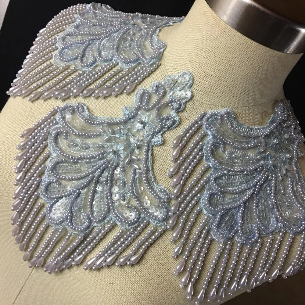 Beaded Applique Piece Lace Hanging Beads Strings Fringe Dangling Quality Rich, 8"x6", Choose Color, Multi-Use Garments Dance Theater Costumes