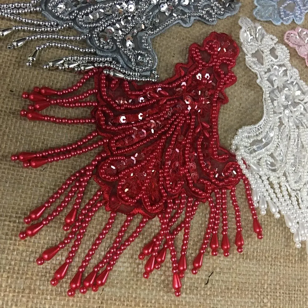 Beaded Applique Piece Lace Hanging Beads Strings Fringe Dangling Quality Rich, 8"x6", Choose Color, Multi-Use Garments Dance Theater Costumes