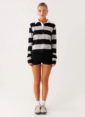 Beckett Polo Top - Grey Black Stripe Beckett Polo Top - Grey Black Stripe