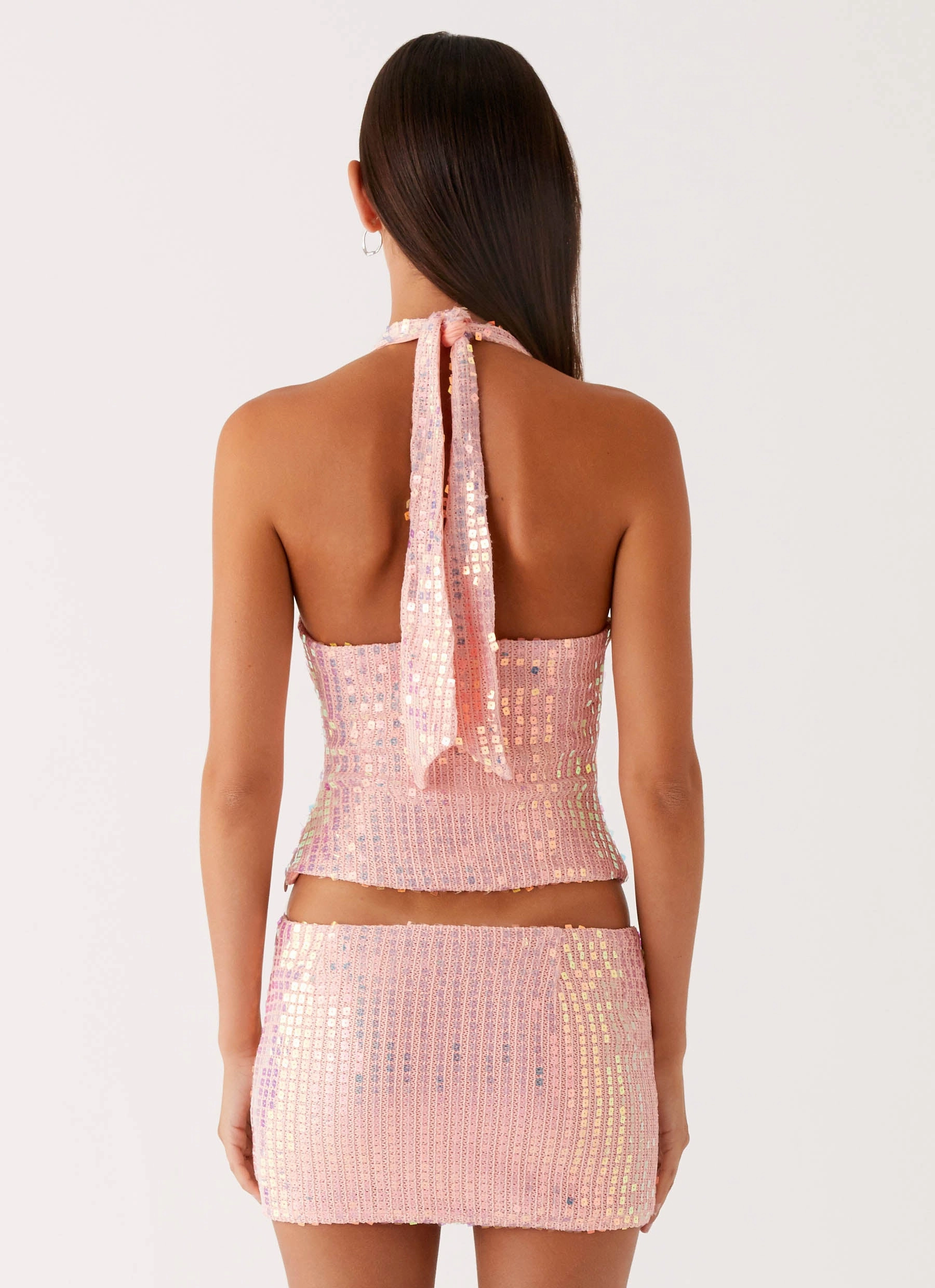 Been That Girl Halter Knit Sequin Top - Iridescent Pink