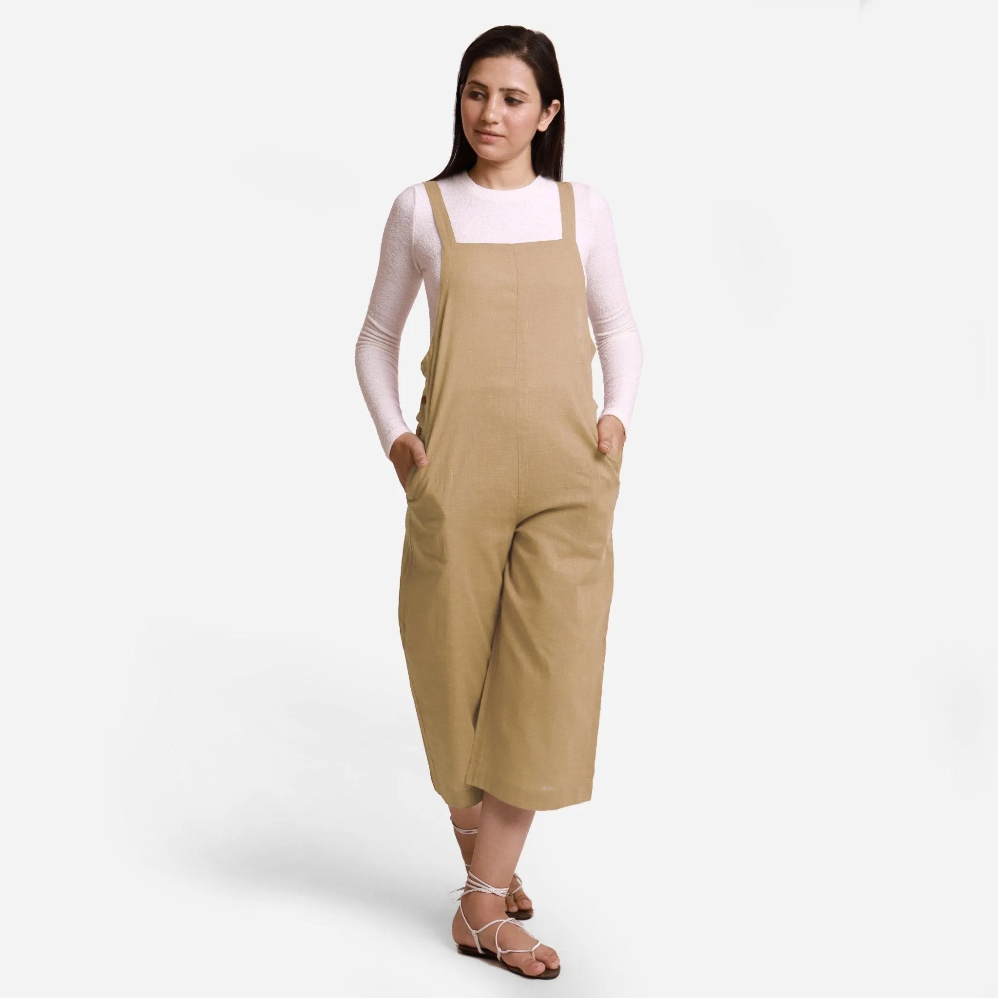 Beige Cotton Pinafore Midi Dungaree Jumpsuit