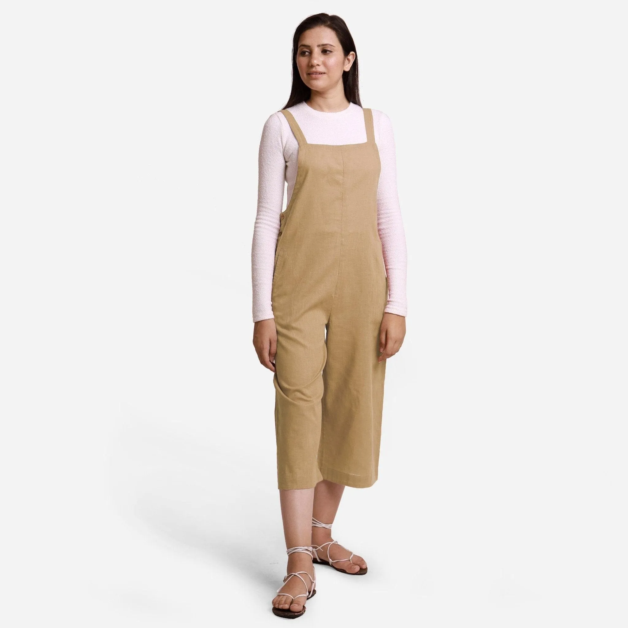 Beige Cotton Pinafore Midi Dungaree Jumpsuit