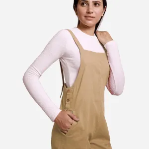 Beige Cotton Pinafore Midi Dungaree Jumpsuit