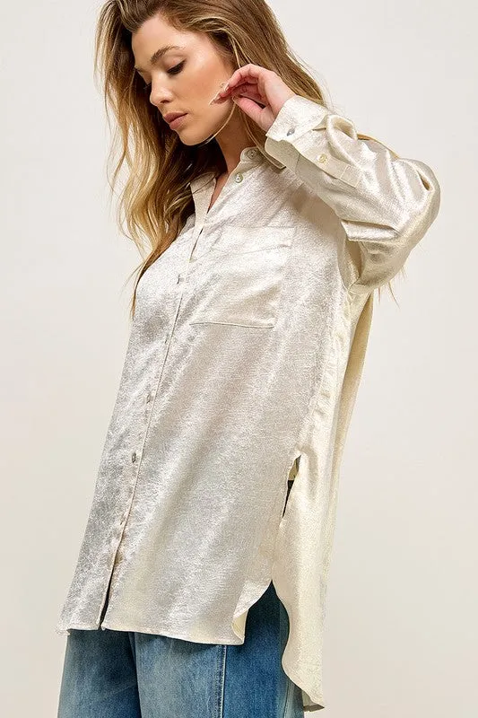 Beige Crinkle satin button down shirts