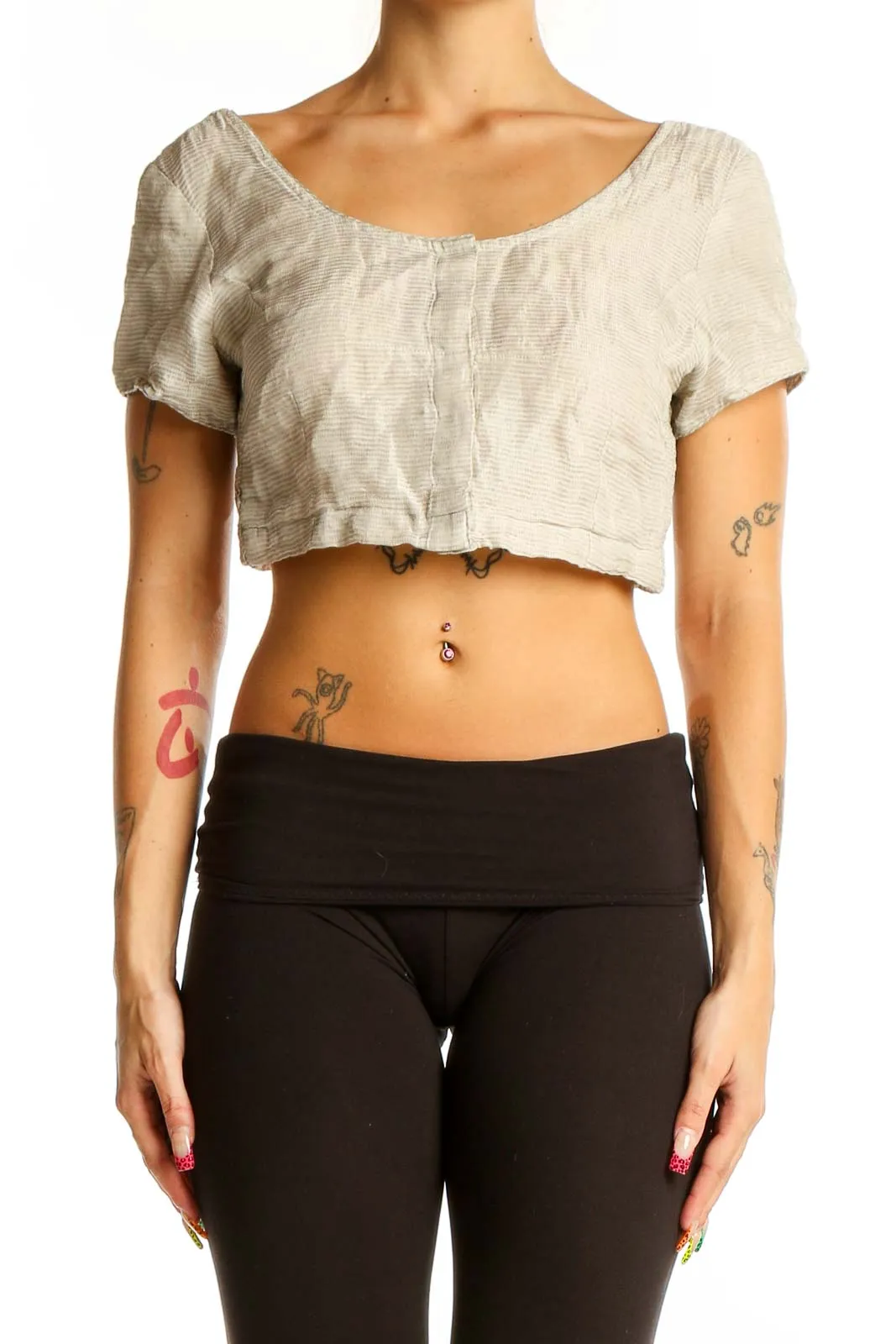 Beige Cropped Short Sleeve Blouse