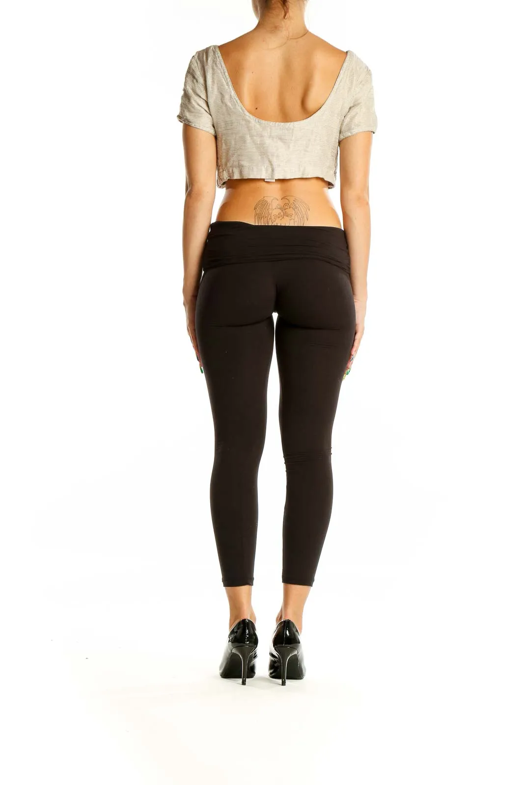 Beige Cropped Short Sleeve Blouse