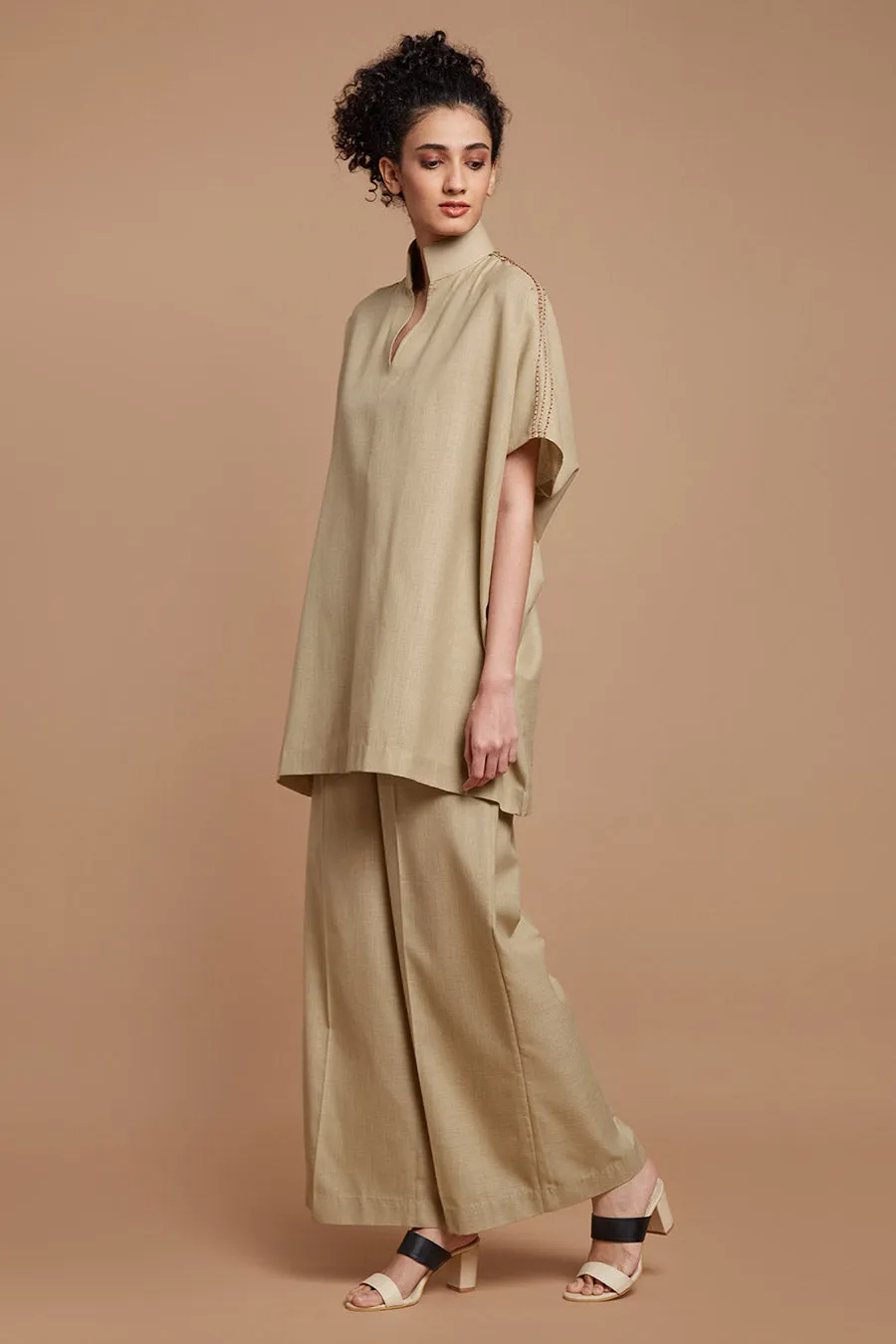 Beige Embroidered Kaftan & Pants Co-Ord Set