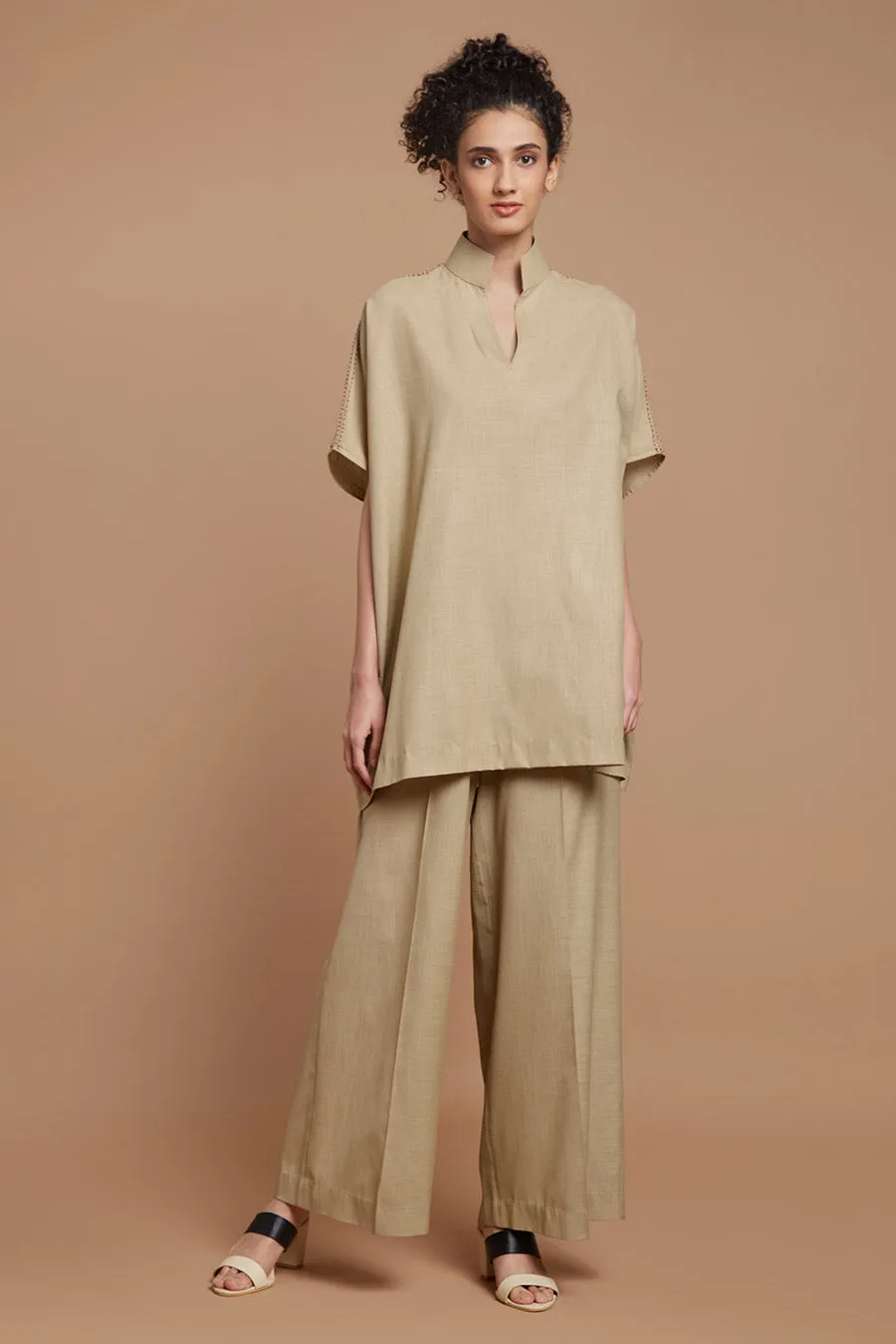 Beige Embroidered Kaftan & Pants Co-Ord Set