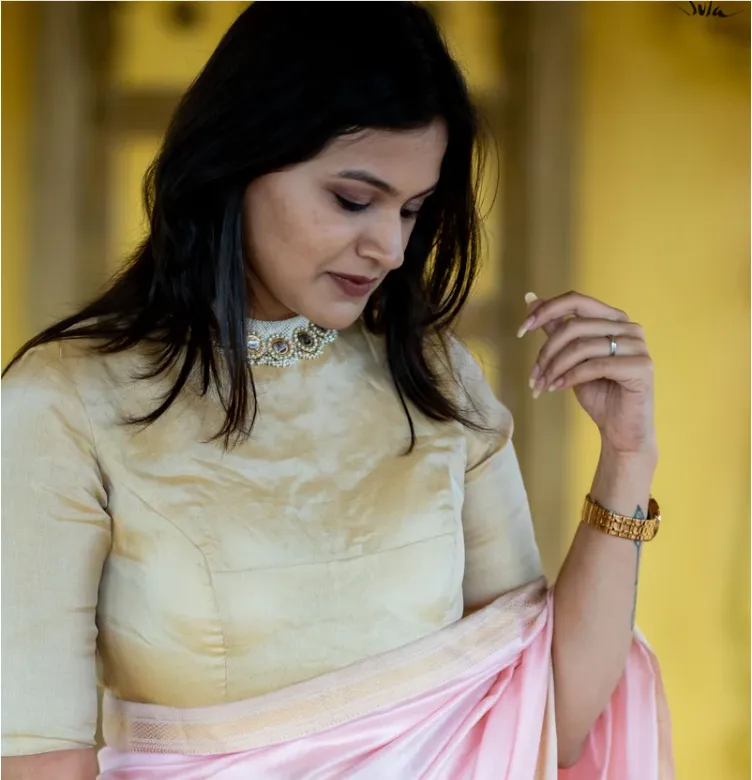 Beige Gold Tissue Readymade Silk Blouse