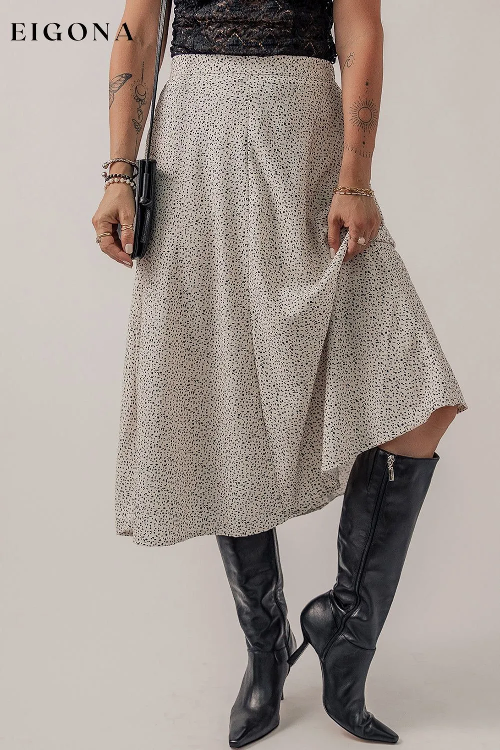 Beige Printed Abstract Print A-line High Waist Midi Skirt