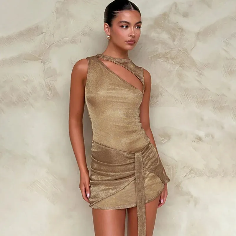 Beige Sequin Wrap Mini Dress