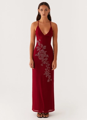 Beki Beaded Mesh Maxi Dress - Deep Red Beki Beaded Mesh Maxi Dress - Deep Red