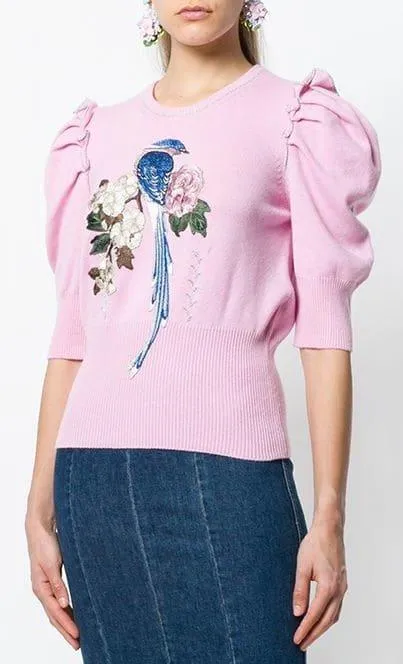 Bird and Floral Embroidered Sweater