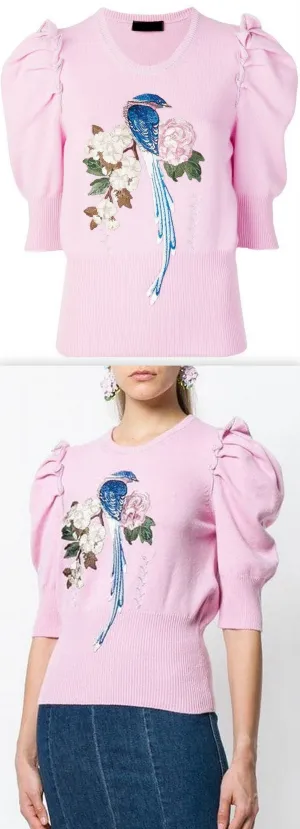 Bird and Floral Embroidered Sweater
