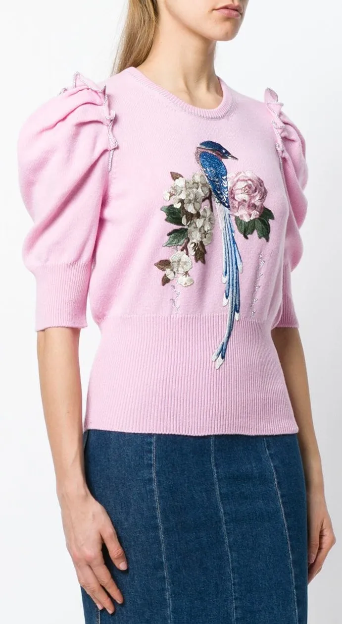 Bird and Floral Embroidered Sweater