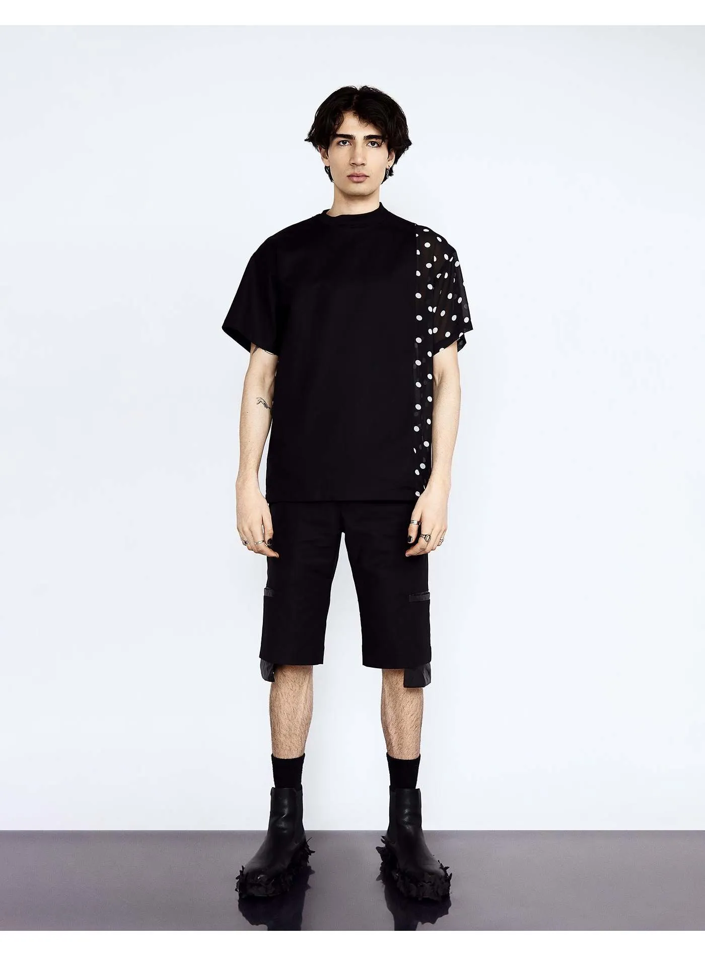 Black and White Polka Dot Side Panel Short Sleeve Top