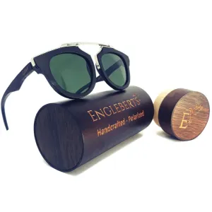 Black Bamboo and Silver Trim Sunglasses, Green Polarized Lenses with Bamboo Case