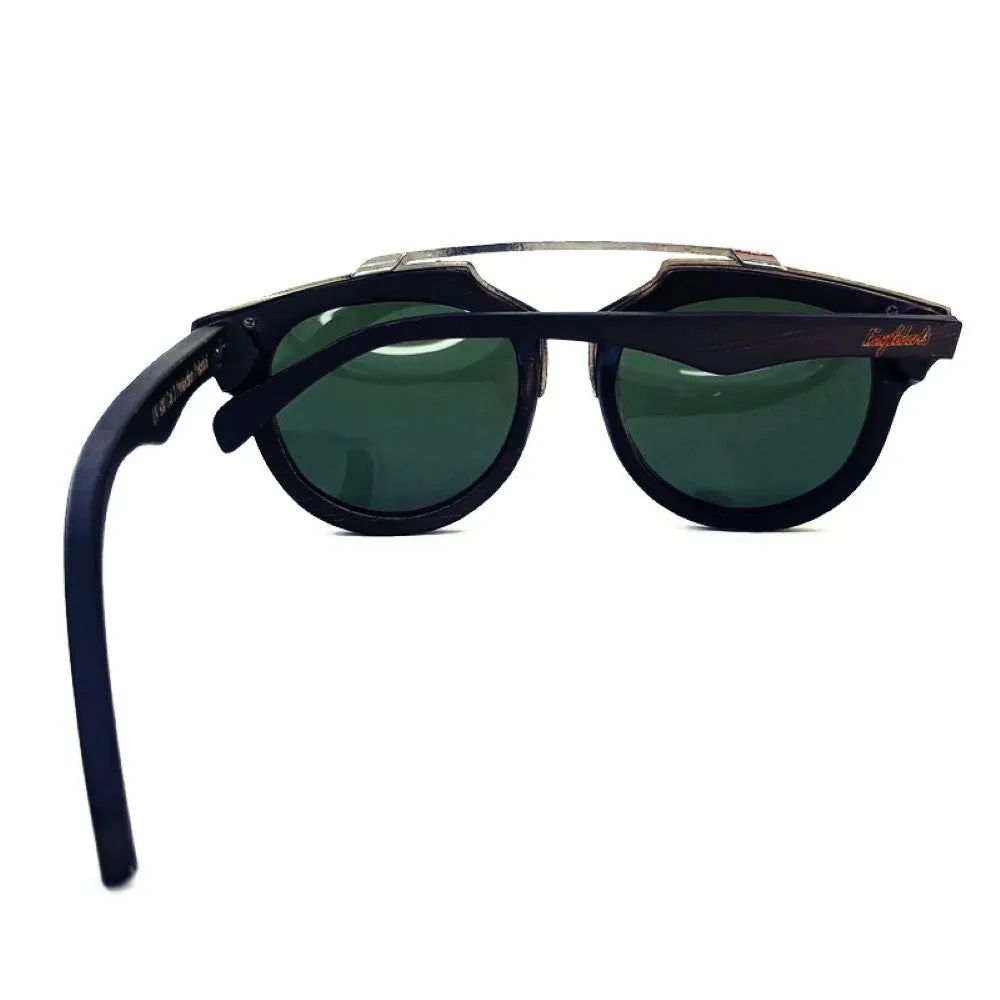 Black Bamboo and Silver Trim Sunglasses, Green Polarized Lenses with Bamboo Case