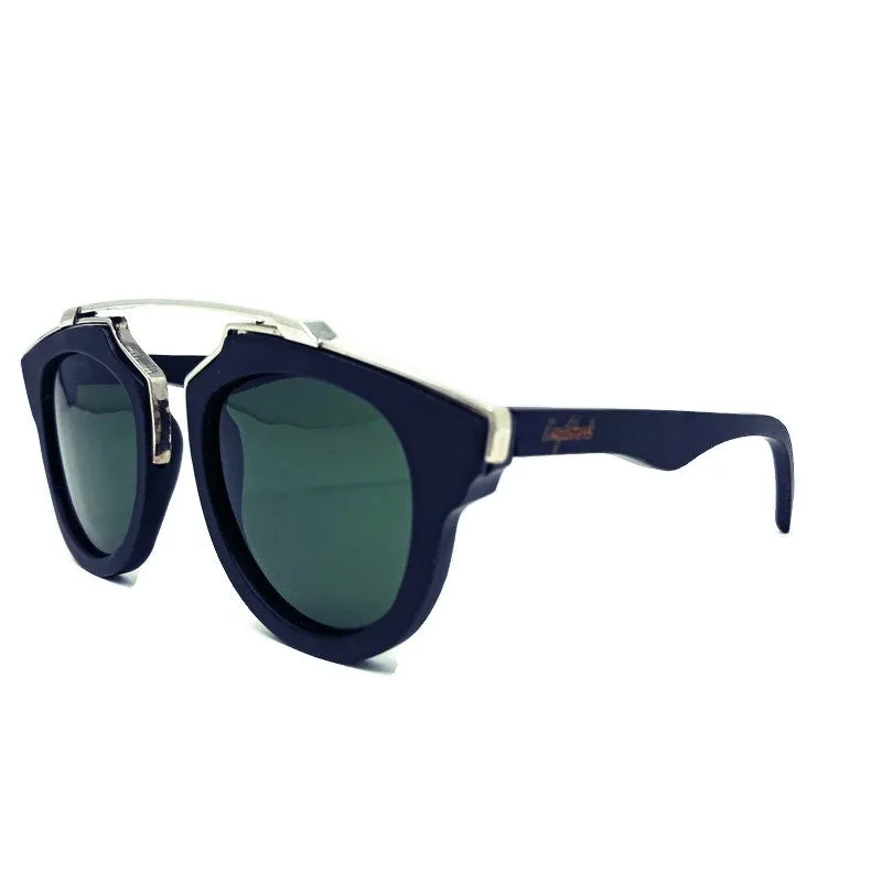 Black Bamboo and Silver Trim Sunglasses, Green Polarized Lenses with Bamboo Case