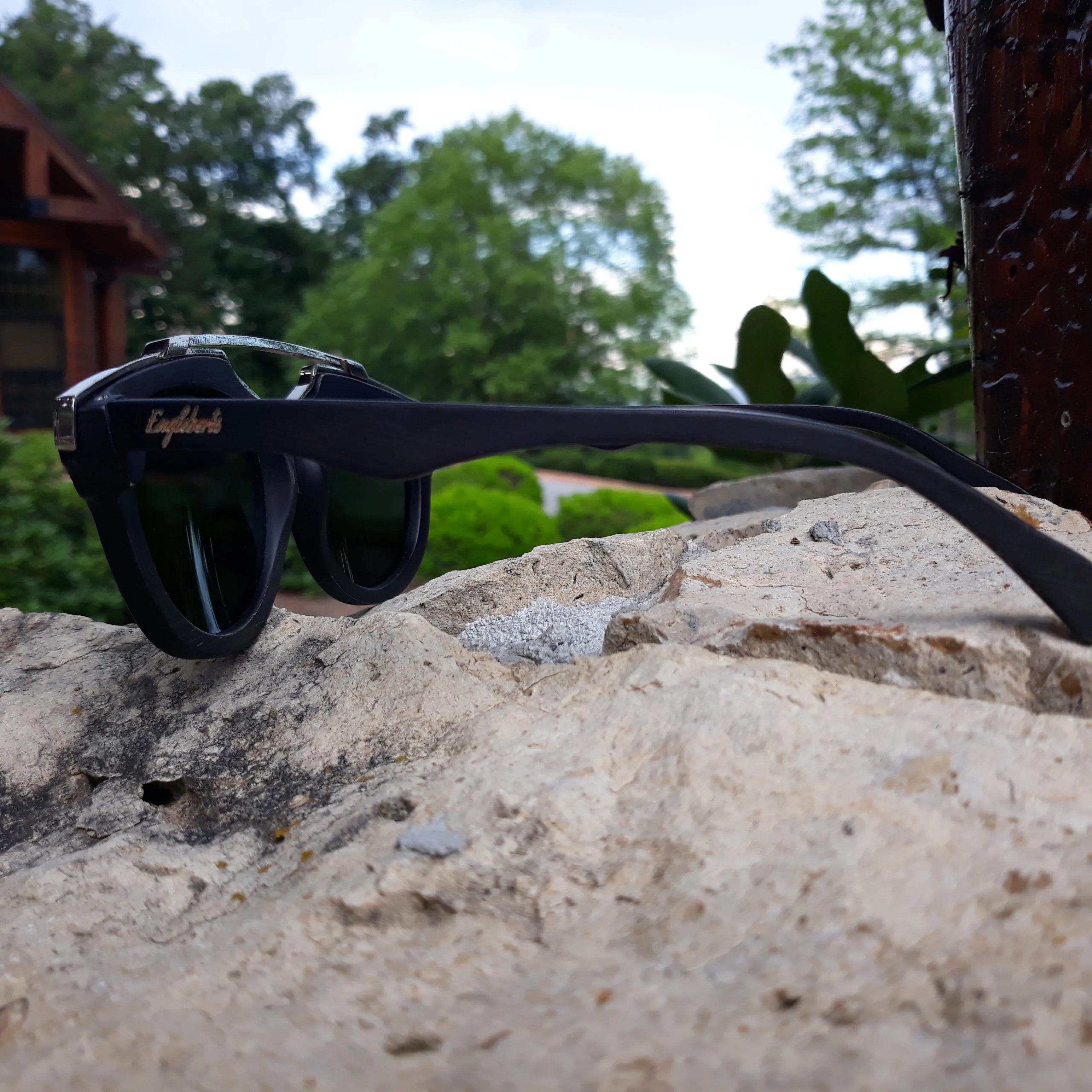 Black Bamboo and Silver Trim Sunglasses, Green Polarized Lenses with Bamboo Case
