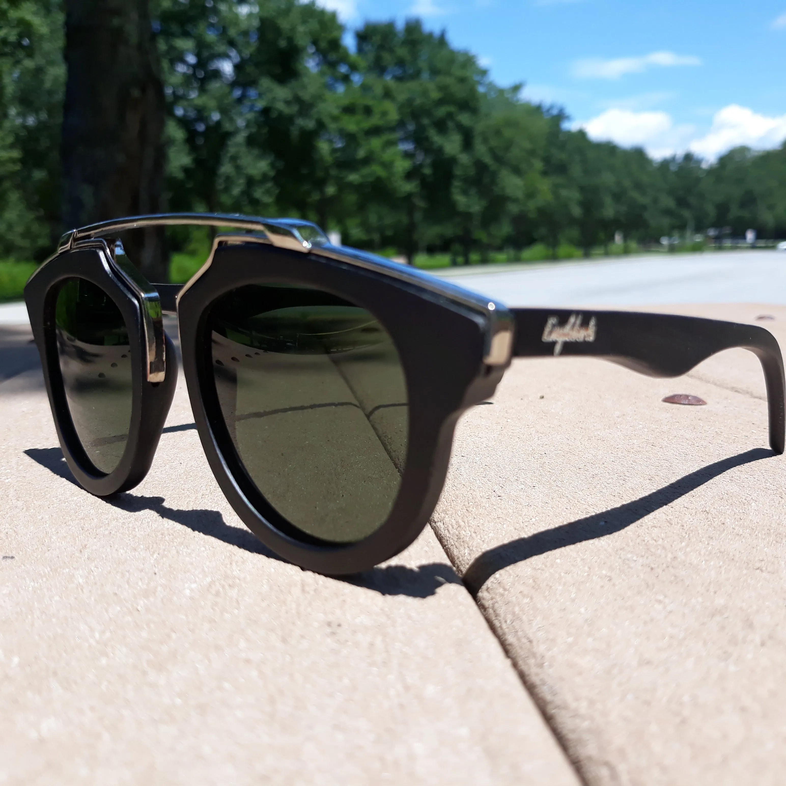Black Bamboo and Silver Trim Sunglasses, Green Polarized Lenses with Bamboo Case