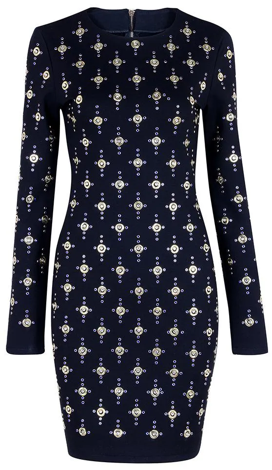 Black Bead-Embellished Stretch Mini Dress