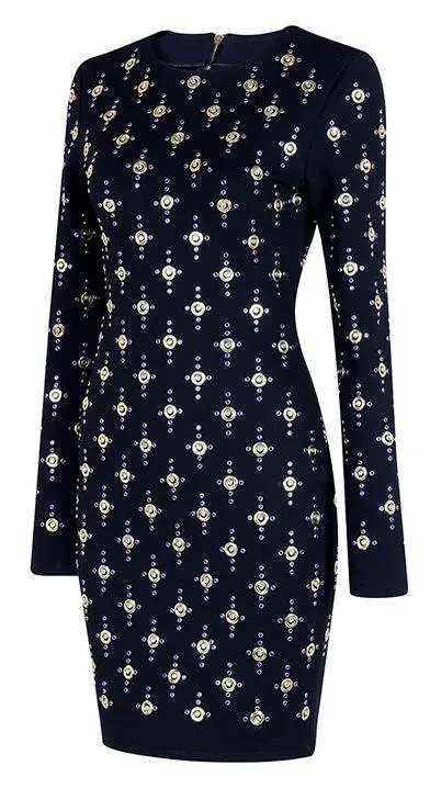 Black Bead-Embellished Stretch Mini Dress