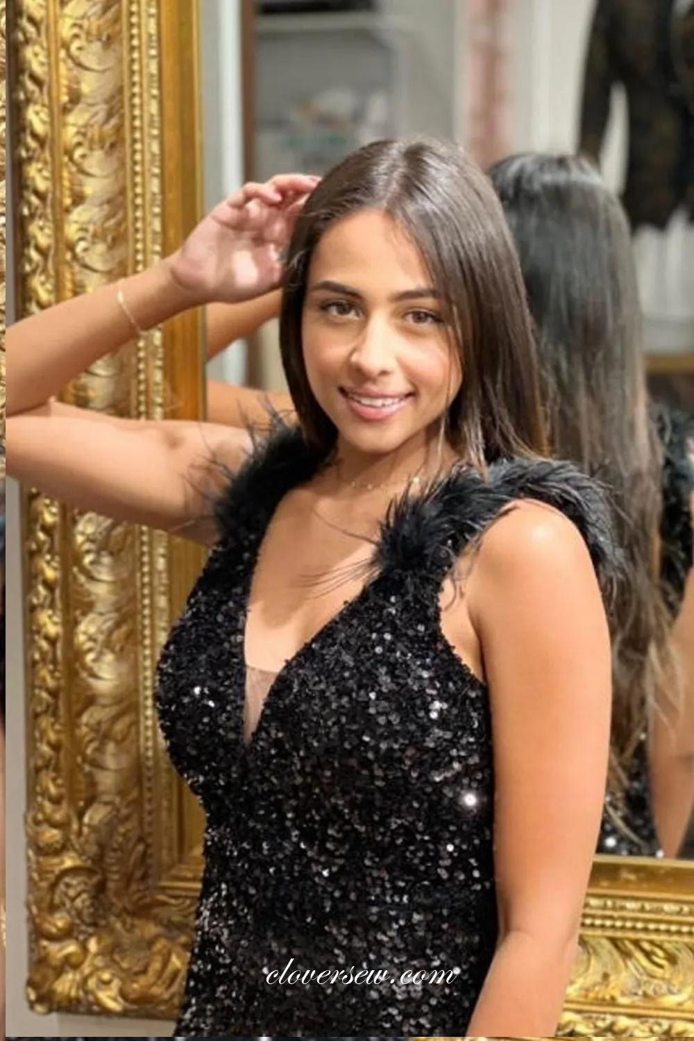 Black Beading Sequined Tulle With Feather Strap Sheath Side Slit Prom Dresses, CP1024