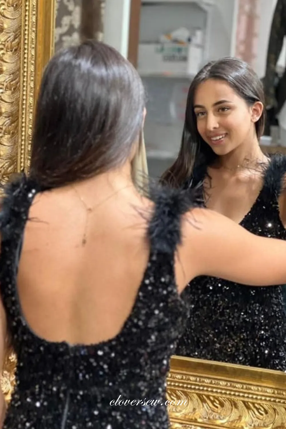 Black Beading Sequined Tulle With Feather Strap Sheath Side Slit Prom Dresses, CP1024