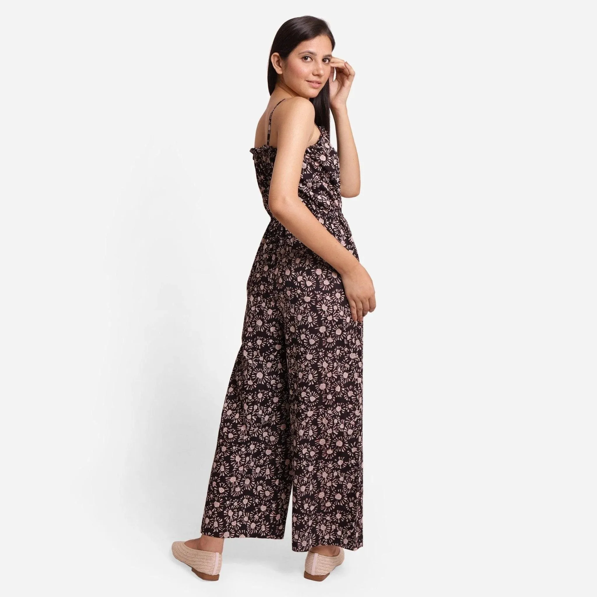 Black Block Print Frilled Cotton Camisole Short Jumpsuit