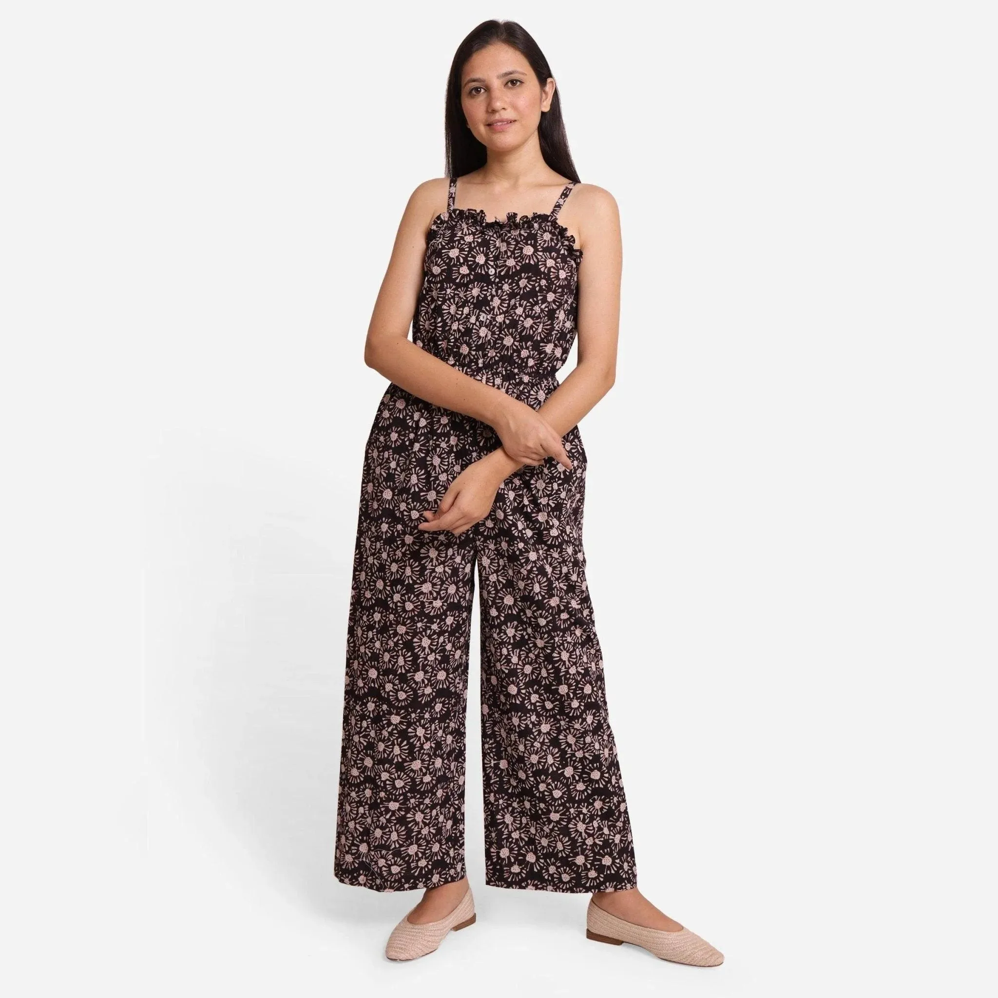 Black Block Print Frilled Cotton Camisole Short Jumpsuit