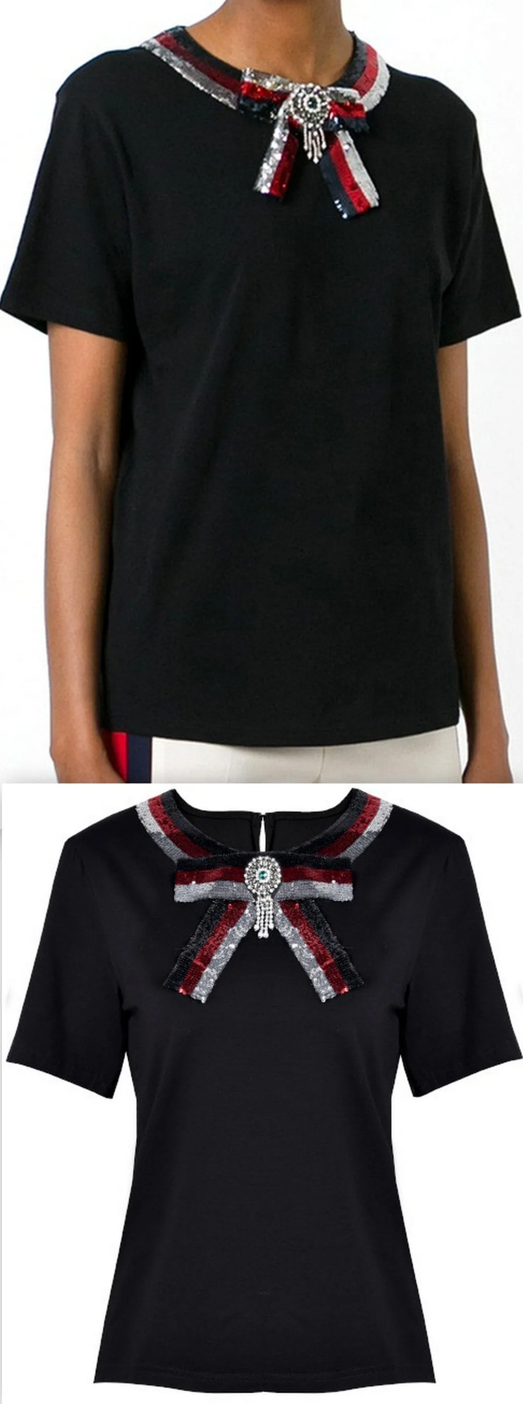 Black Bow-Embellished T-Shirt