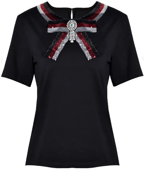 Black Bow-Embellished T-Shirt