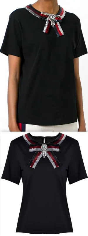 Black Bow-Embellished T-Shirt