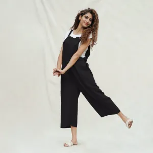 Black Cotton Flax Midi Dungaree Jumpsuit