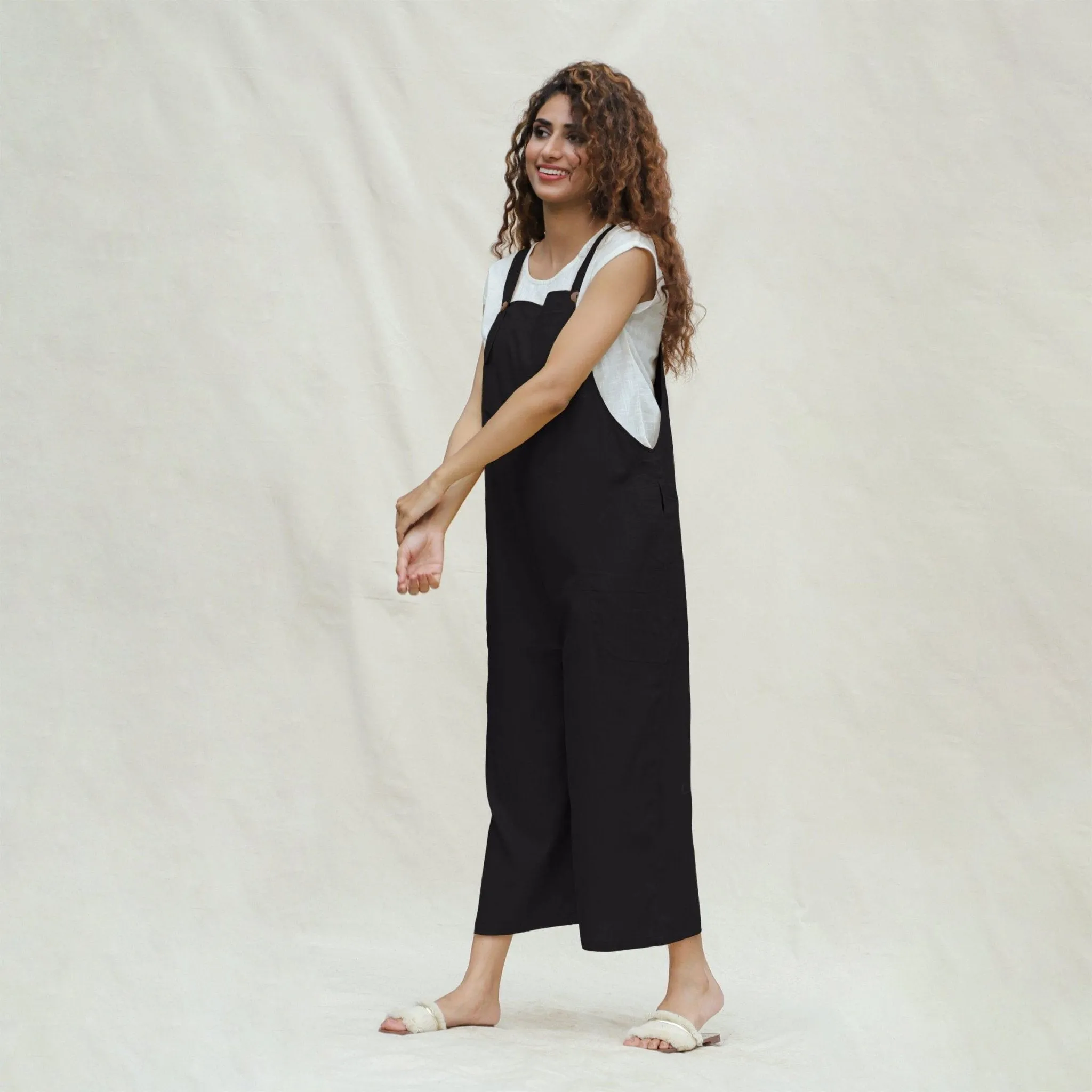 Black Cotton Flax Midi Dungaree Jumpsuit