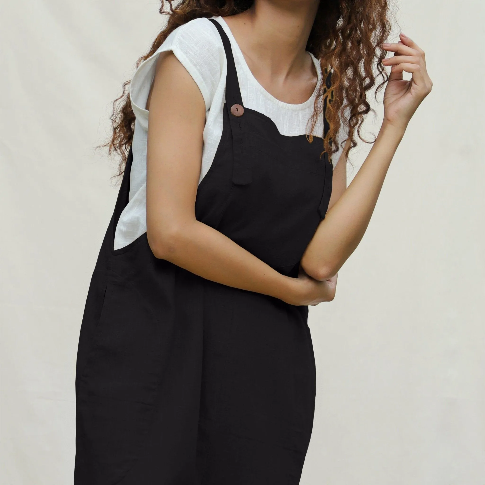 Black Cotton Flax Midi Dungaree Jumpsuit