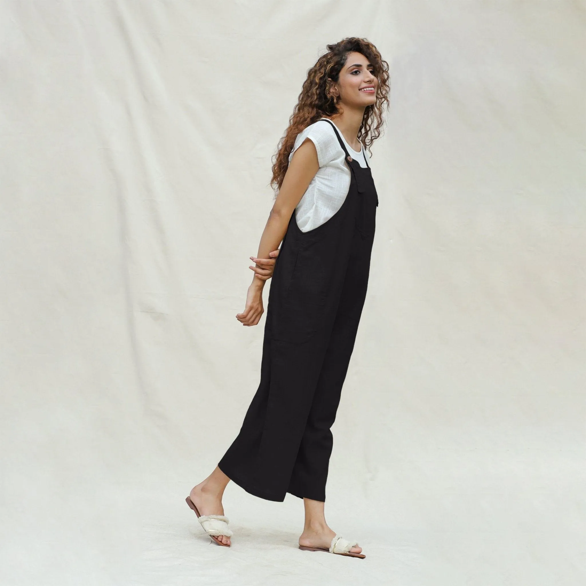 Black Cotton Flax Midi Dungaree Jumpsuit