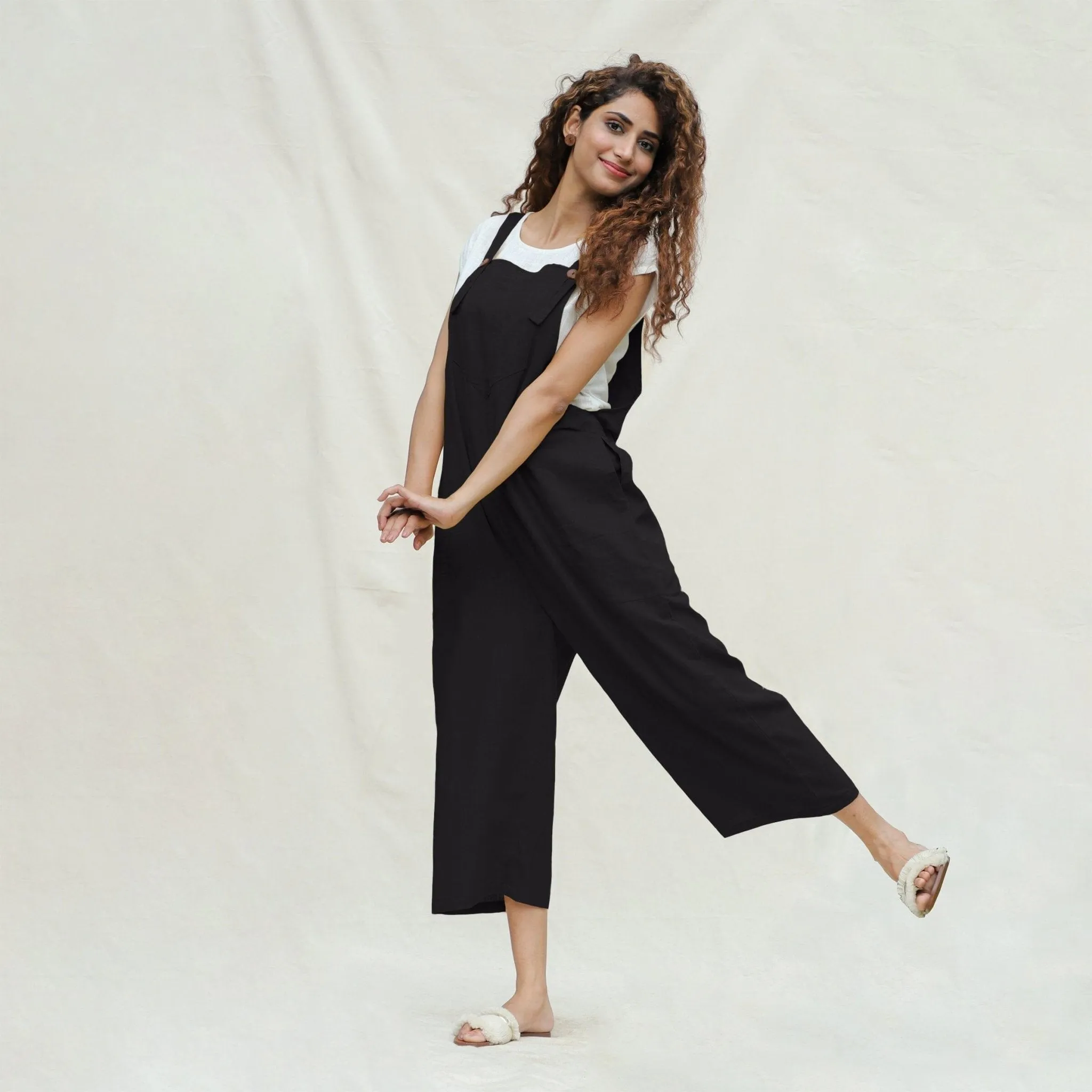Black Cotton Flax Midi Dungaree Jumpsuit