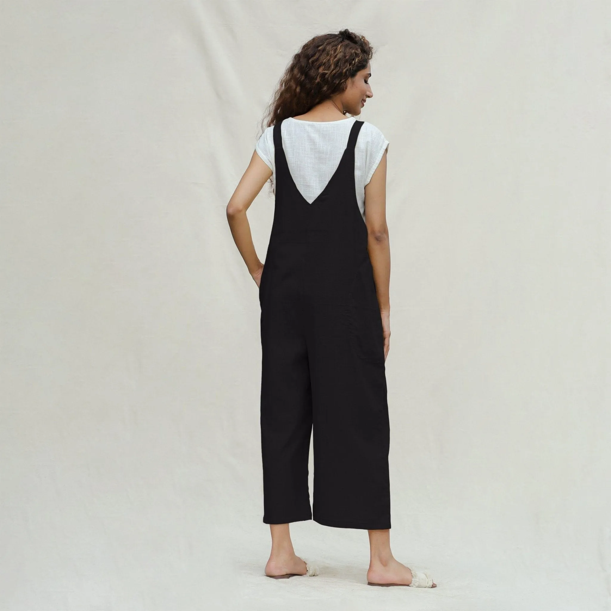 Black Cotton Flax Midi Dungaree Jumpsuit