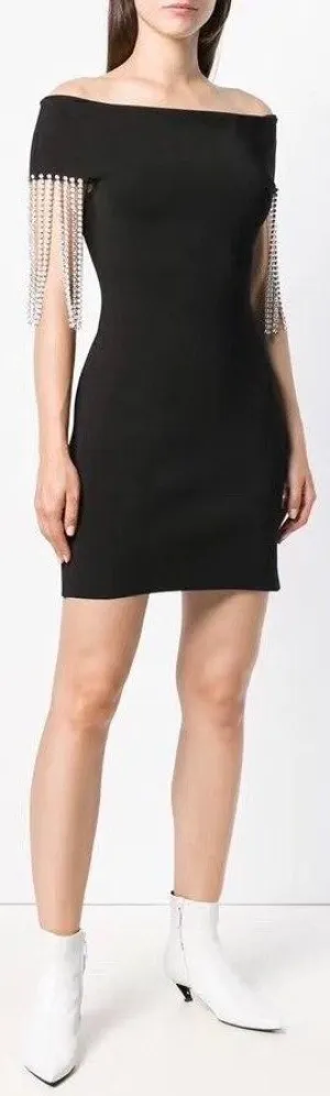 Black Crystal Fringe Embellished Mini Dress