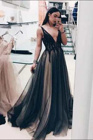 Black Deep V Neck A Line Prom Dresses,Long Tulle Evening Dress PFP0187